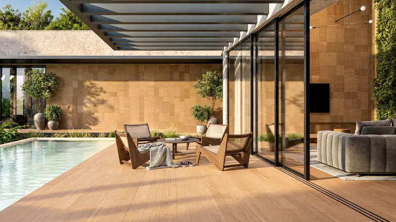 Varanda com deck em porcelanato amadeirado e piscina