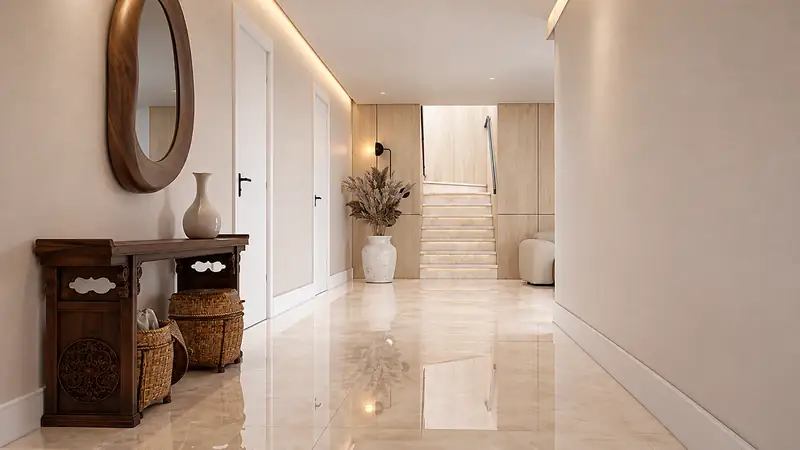 Corredor com porcelanato bege polido
