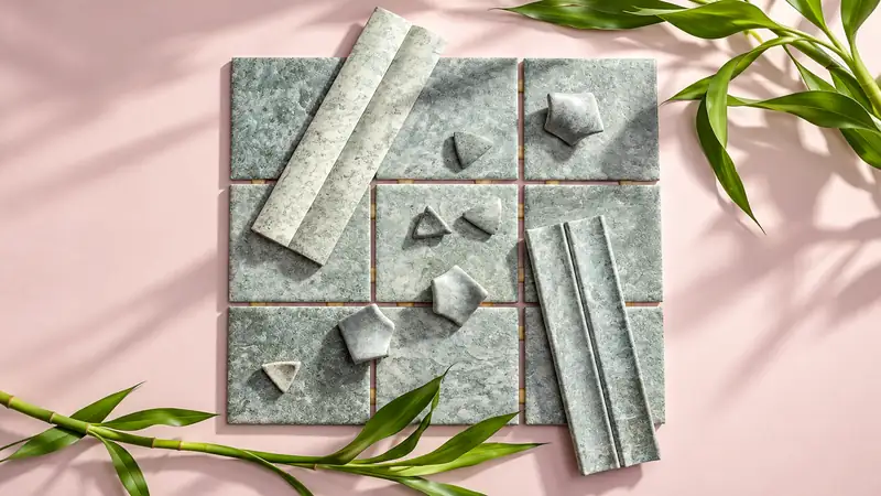 Amostras de mosaico em pedra sobre fundo rosado