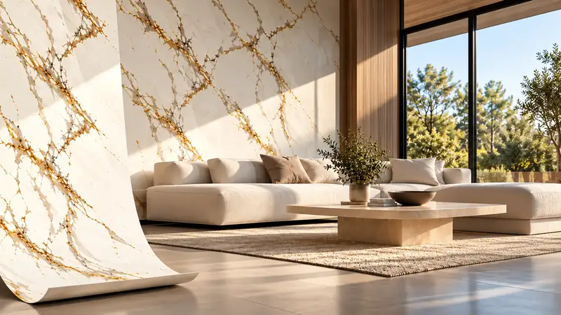 Sala com parede em porcelanato efeito mármore